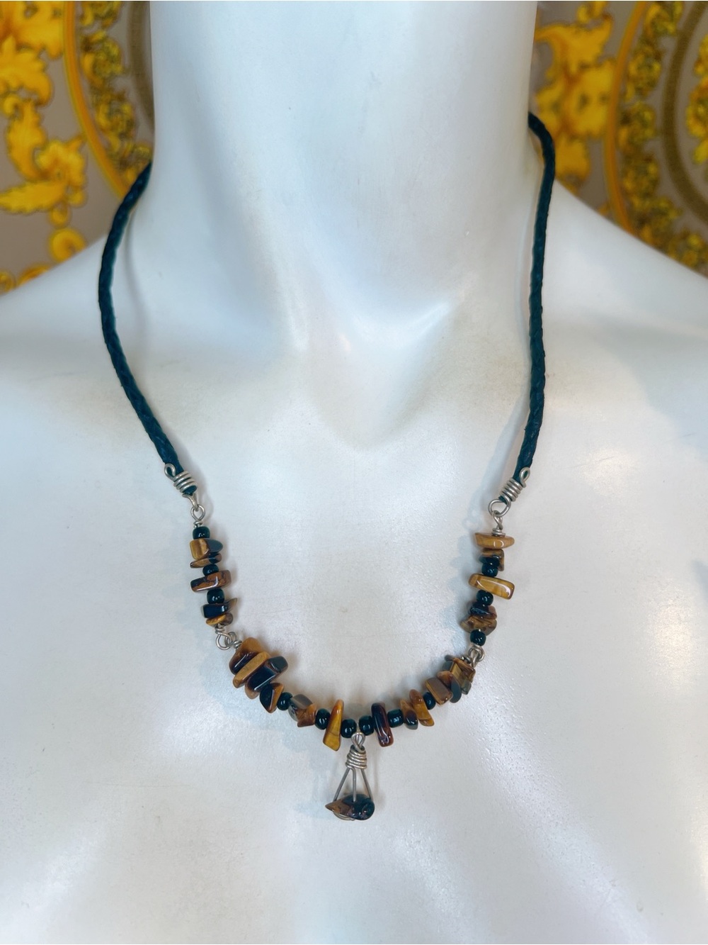 Tiger Eye genuine gem black onyx beads leather 18” necklace